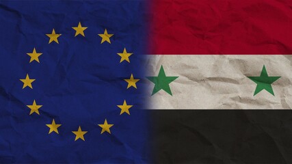 Syria and European Union Flags Together, Crumpled Paper Effect Background 3D Illustration