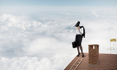 Concept of security and privacy protection with camera headed woman