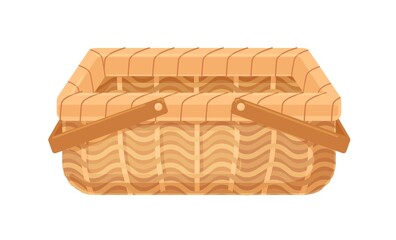 Empty straw wicker basket with handles. Woven storage container without lid. Realistic wickerwork. Colored flat vector illustration of basketwork isolated on white background