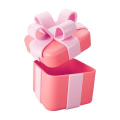 3d red open gift box with pastel ribbon bow isolated on a white background. 3d render flying modern holiday open surprise box. Realistic vector icon for present, birthday or wedding banners