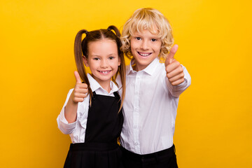 Photo of two reliable schoolkids raise thumb up approve wear school uniform isolated yellow color...