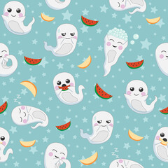 Seamless pattern with cute cartoon ghosts, stars and slices fruits on blue background. Print for kids clothes, holiday wrapping, funny Halloween design. Vector flat design illustration