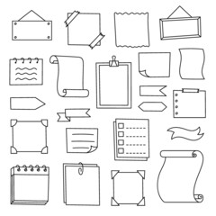 Doodle set hand drawn elements for diary, notebook and planner. Vector illustration, isolated sketch for study and work. Collection of decorations frames and stickers from lines on white background - obrazy, fototapety, plakaty
