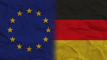 Germany and European Union Flags Together, Crumpled Paper Effect Background 3D Illustration