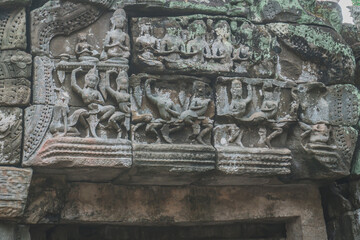 Beautiful close up of empty Angkor Wat temple complex. Ruins Angkor Temples Ta Prohm. Siem Reap, Cambodia