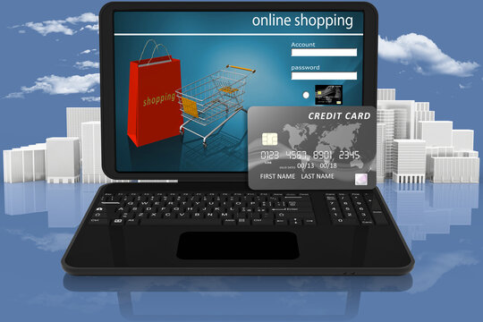 Illustrazione 3D. Pagamento elettronico. Computer portatile e carta di credito come simbolo dei pagamenti online..