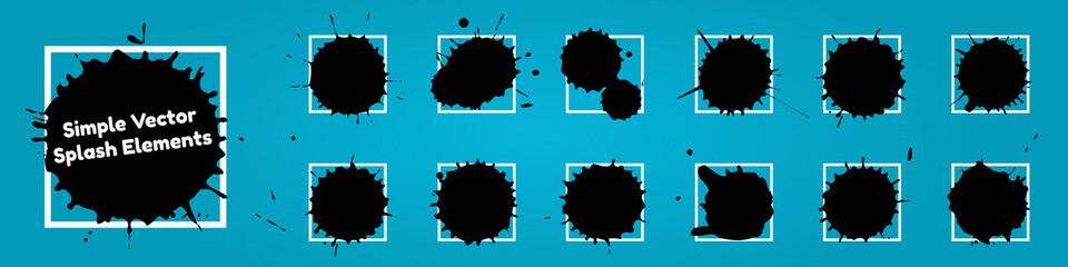 Set Of Different Ink Splashes Over White Border Frame - Black Vector Illustrations - Isolated On Blue Gradient Background