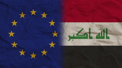 Iraq and European Union Flags Together, Crumpled Paper Effect Background 3D Illustration