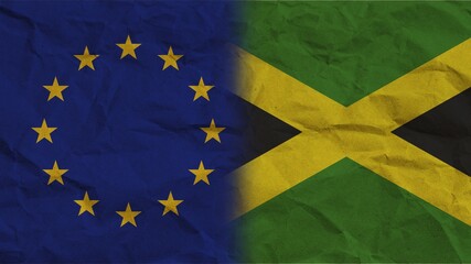 Jamaica and European Union Flags Together, Crumpled Paper Effect Background 3D Illustration