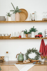 winter kitchen with red and turquoise decorations, Christmas kitchen utensils in the Scandinavian style