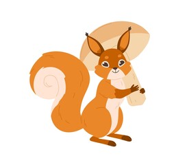 Cute squirrel with happy smiling face holding big mushroom in paws. Small wild forest animal with fluffy tail carrying autumn food. Flat vector illustration isolated on white background