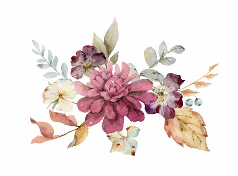 Watercolor vector bouquet with burgundy autumn flowers and leaves.