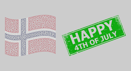 Mesh polygonal waving Norway flag and distress Happy 4Th of July rectangle stamp. Model is designed on windy Norway flag. Green rectangle Happy 4Th of July scratched seal stamp.