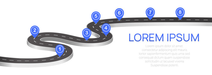 Winding 3d road infographic concept on a white background, Winding road to success with pin pointers, Timeline template.