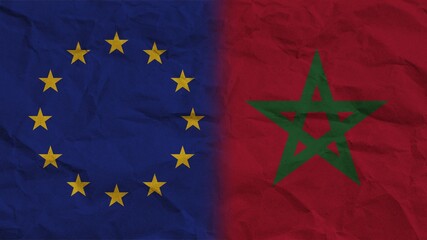 Morocco and European Union Flags Together, Crumpled Paper Effect Background 3D Illustration