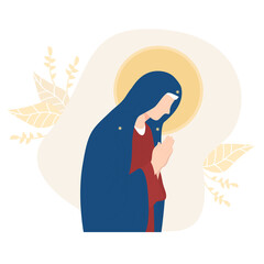 Most Holy Theotokos On a decorative background. Virgin Mary, Mother of God prays meekly. Vector illustration for Christian and Catholic communities, design, decoration of religious holidays, history