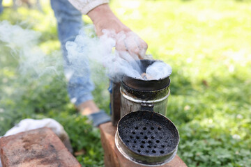 Beekeeper smoking honey bees with bee smoker on apiary closeup