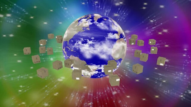 Animazione illustrazione 3D. Spedizione intorno al mondo. Pacchi ruotano attorno al globo per essere consegnati..
