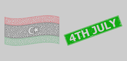 Mesh polygonal waving Libya flag and distress 4Th July rectangle stamp. Model is designed on waving Libya flag. Green rectangular 4Th July grunge stamp. - Powered by Adobe