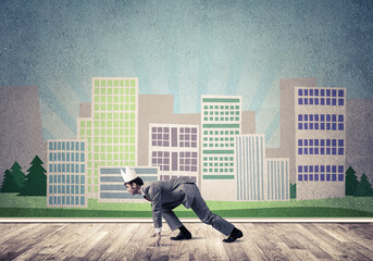 King businessman in elegant suit running and cityscape silhouette at background