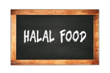 Obraz premium HALAL FOOD text written on wooden frame school blackboard.