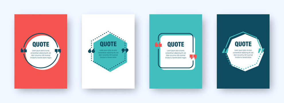 Set of colorful banners with quote frames. Speech bubbles with quotation marks. Blank text box and quotes. Blog post template. Vector illustration.