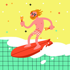 Young crazy man surfer which surfing on big good blue wave in beautiful place between ocean sea summer. Surfer vector graphic illustration.
