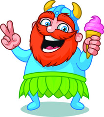 A funny viking with a red beard holds an ice cream cone in his hands