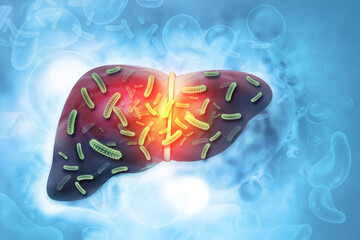 Virus or bacteria infected human liver, liver disease, scientific background, 3d illustration