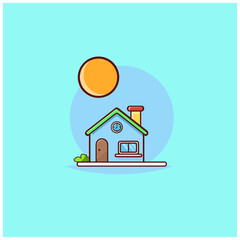 illustration vector graphic of house and view of the sun and flower garden