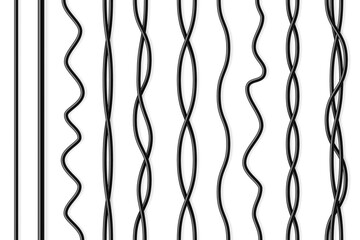 Set of black flexible cables with shadow. Electrical wire. Realistic power or network cable. Vector illustration.