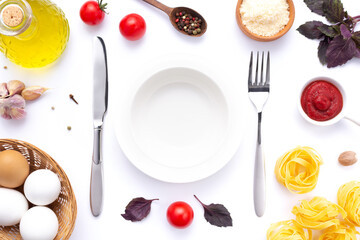 Pasta collection food on white background. Raw pasta still life