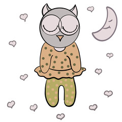 baby owl, little owl, girl owl, pink polka dot tunic, and pants, baby owl sleeps, moon, hearts-stars, print for printing, picture for a website, picture for social networks, picture for printing on te