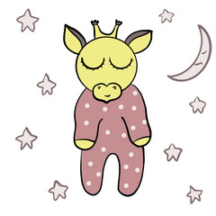 the little giraffe goes to bed, the baby giraffe goes to bed, the baby giraffe sleeps, in a polka-dot jumpsuit,with the moon, which smiles and sleeps, and stars-flowers