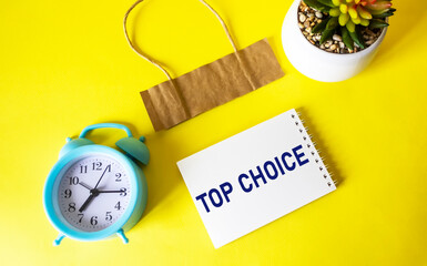 TOP CHOICE written text in a small notebook on a yellow background with an alarm clock, cactus and...