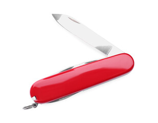 Compact portable multitool with red handle isolated on white, top view