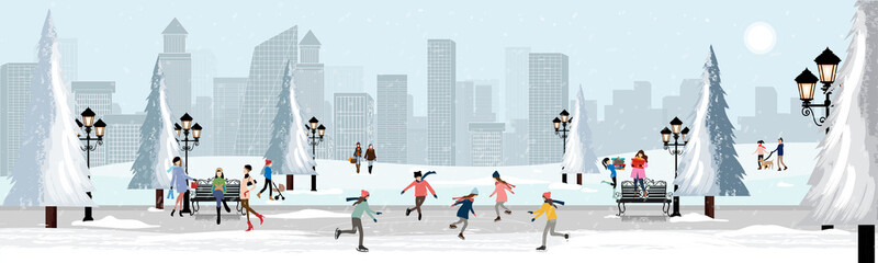Winter lanscape in city with crowd people having fun celebrating in the park at night on Christmas Eve,Vector cartoon Greeting card for New year and Christmas 2022 - obrazy, fototapety, plakaty