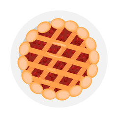 Cooked pie. Thanksgiving Day. Traditional food. Baked pie with berries and dough garnish. Vector illustration isolated on white background. Vector illustration