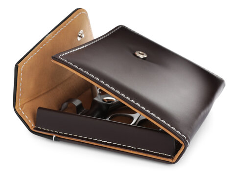 Stylish open case with manicure set isolated on white