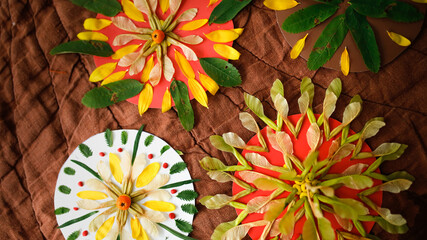 Natural materials for creativity, mandalas from natural materials of leaves and petals. background...