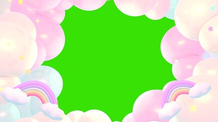 Looped pastel rainbow clouds and stars in the sky on green screen background animation.