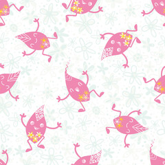 Cute kawaii leaf pink seamless vector pattern background. Happy pink laughing dancing cartoon leaves on floral textured mint green backdrop. Hand drawn motifs in scattered design. Repeat for baby