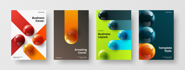 Modern 3D spheres pamphlet layout composition. Clean cover A4 vector design illustration set.