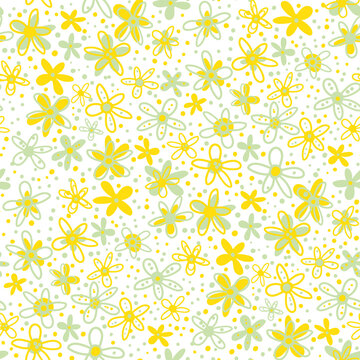Retro ditsy scribbled doodle flower vector seamless pattern background. Dense millefleur style hand drawn florals on black backdrop. Yellow, blue, white vintage dense design. All over print.