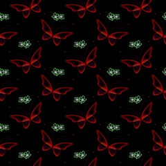 Glowing background with magic butterflies. Neon butterflies and glowing blooms. Seamless pattern.