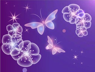 Glowing image with magic butterflies. Transparent reflective background for graphic design. Neon purple pictures.