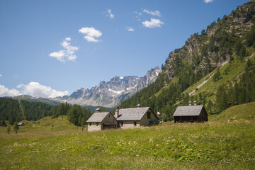 Fototapeta na wymiar Panoramic view of Crampiolo alpine village in Val Devero, Piedmont, Italy