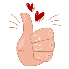Thumb up - symbol. Positive gesture is thumb up with hearts. A striking indicator of success. Vector isolated illustration with human hand. Can be used in web design as a poster, banner, postcard.
