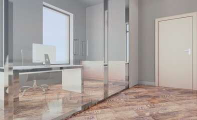 Open space office interior with like conference room. Mockup. 3D rendering.