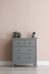 Grey chest of drawers with houseplants near beige wall